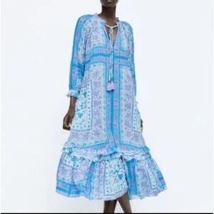 Zara Printed Blue Maxi Flowy Boho Dress Size Large
